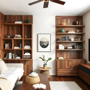 Small spaces benefit greatly from vertical storage solutions, and Shinnoki Frozen Walnut panels are perfect for creating floor-to-ceiling shelving units. These designs not only look stunning but also provide ample storage for books, decor, or everyday essentials.
