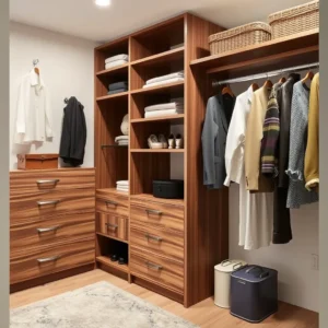 Closets can quickly become chaotic, but with Shinnoki Frozen Walnut panels, you can design a custom closet system that is both stylish and functional. Use these panels for drawer fronts, shelving, or even as a backing to create a polished look.

Storage Tip: Add LED lighting to your Frozen Walnut closet design to enhance visibility and highlight its sleek finish.