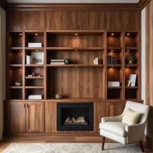 Why stop at shelves when you can create an entire feature wall? Frozen Walnut panels are perfect for crafting built-in storage units that double as statement pieces.